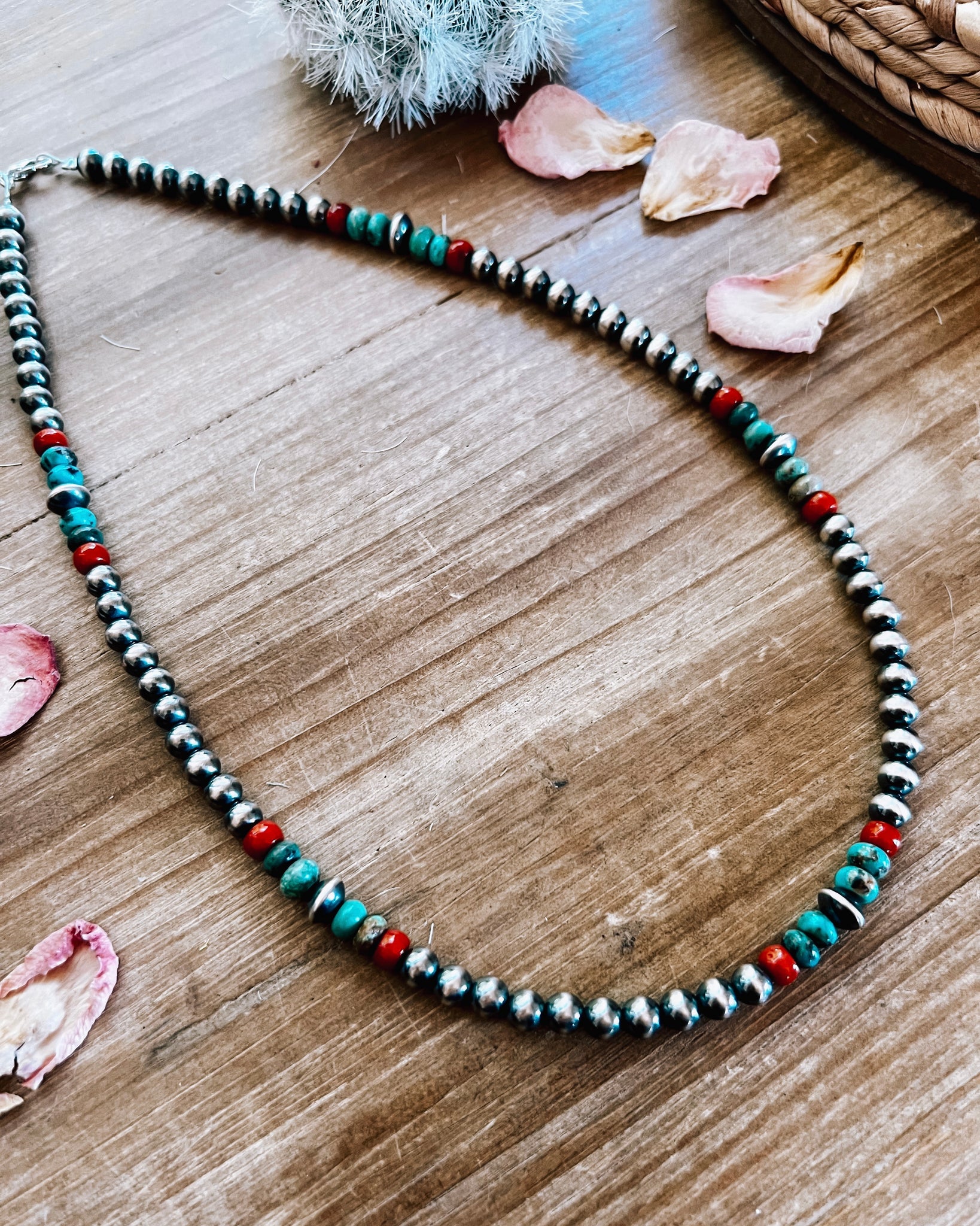 6 mm Sterling Silver Pearls Necklace W/ Coral & Turquoise