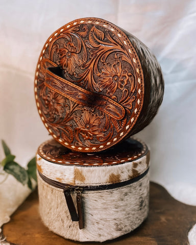 Round Tooled Cowhide Jewelry Box