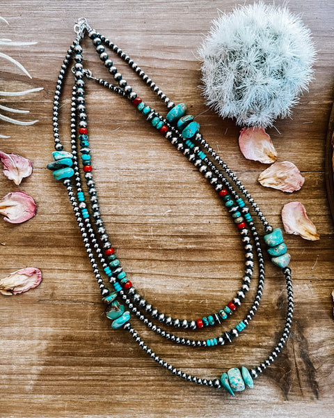 6 mm Sterling Silver Pearls Necklace W/ Coral & Turquoise